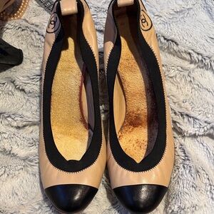 CHANEL Beige and Black Cap Toe Heels